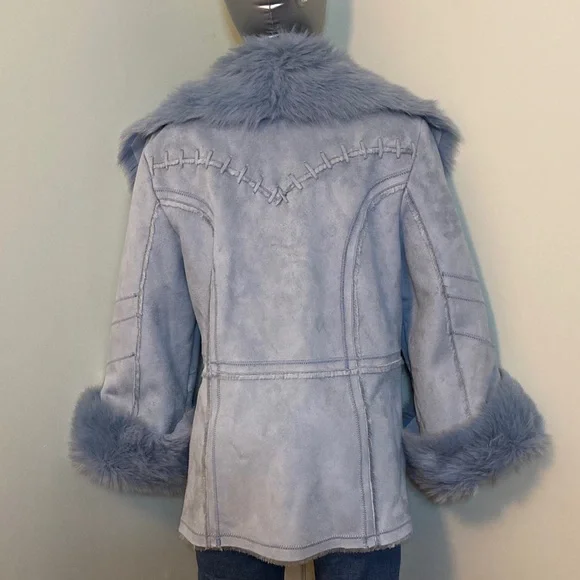 Woman’s Faux Fur Trim Jacket - Soft Blue - Picture 4 of 14